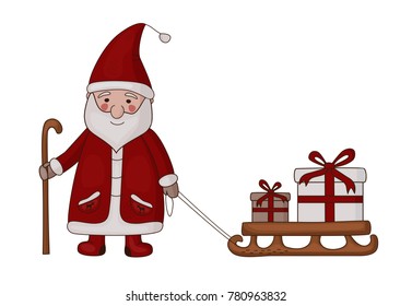 Santa is carrying sledges with gifts