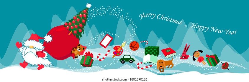 Santa is carrying a torn sack from which gifts are falling. Merry Christmas  and Happy New Year. Hand drawn vector.