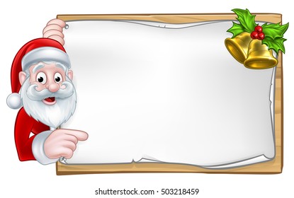 Santa cartoon Christmas character peeking around a wooden scroll sign with gold bells and holly