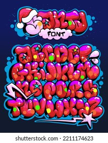 Santa cartoon font. Holidays letters in flop graffiti style illustration for fun inscription decoration