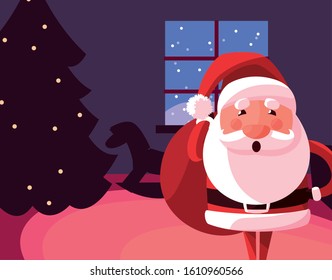 Santa cartoon and pine tree design, Merry chritmas winter season decoration card invitation celebration and holiday theme Vector illustration