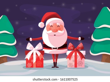 Santa cartoon and pine trees design, Merry chritmas winter season decoration card invitation celebration and holiday theme Vector illustration