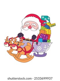 Santa cartoon riding a sleigh full of Christmas gifts and pulled by two reindeer. suitable for stickers, and other design needs.