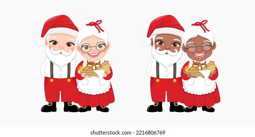 Santa en Casual Wear y la Sra. Claus sosteniendo el vector de cesta de panadería, Papá Noel Africano Pareja y su esposa aislados en el vector de fondo blanco