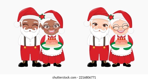 Santa in Casual Wear and Mrs.Claus holding Cake Vector, American African Couple Santa Claus and his wife isolated on white background vector