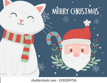 santa and cat candy cane snowflakes merry christmas card vector illustration