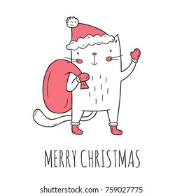 Santa cat doodle (outline). Cute white cat in pink hat, gloves and boots holding a bag and waving his paw. Merry Christmas lettering. Design element for print (card, poster, apparel, sticker).