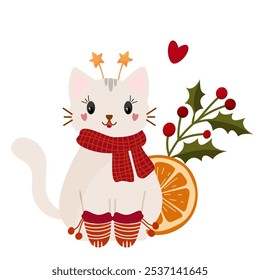 Santa Cat with holly berry vector illustration. Cute character, winter festivities design