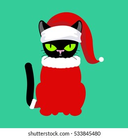 Santa Cat. Pet in Christmas hat. New Year illustration. Xmas template of cute kitty