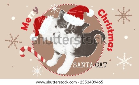 Santa cat in Santa's hat. Background for banner, postcard, social networks. Halftone collage. Cute picture for winter holidays. Vector graphics.