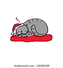 Santa cat sleeping, sketch for your design. Vector illustration