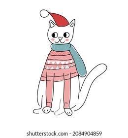 Santa cat in sweater for Christmas and New year hand drawn cartoon vector