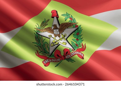 Bandeira de Santa Catarina balançando ao vento, textura de seda detalhada e realista. Estado do Brasil
