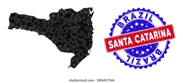 Santa Catarina State Karte polygonale Masche mit gefüllten Dreiecken, und gekratzte Bicolor-Stempel-Siegel. Dreieck-Mosaikkarte Santa Catarina mit Maschenvektormodell, Dreiecke haben verschiedene Größen,