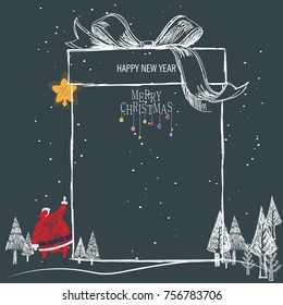 Santa catch the star. Christmas greeting Card , black background, christmas gift box, trees, and stars vector 