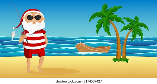 Santa caught fish in ocean. Vector illustration.