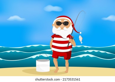 Santa capturó peces. Ilustración vectorial.