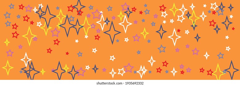 Santa Chaotic Print Violet Christmas Yellow Red Illustration. Vibrant White Stars New Year Green Colorful Holiday Stars Pattern. Blue Bright Vivid Horizontal Orange Multicolor Sky Background.