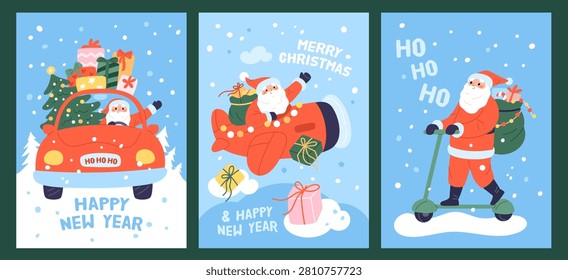 Santa character in transport. Various methods of christmas gift delivery, traditional, modern scooter, holiday celebration cards, poster and print design, garish vector cartoon flat style isolated set