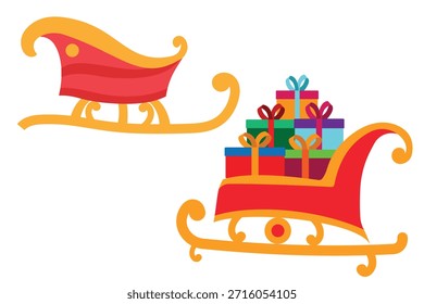 Vector de icono de carro de Santa con regalo. Navidades trineo con regalos. Ilustración vectorial del símbolo del carro, icono de la Navidad, caja de regalo.