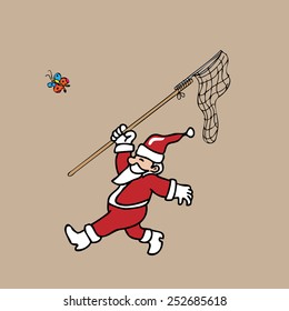 Santa chasing butterfly by net cartoon vector