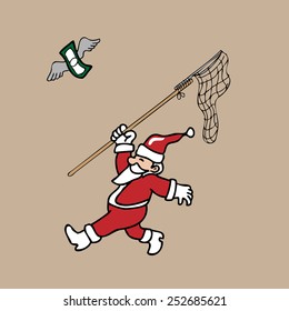 Santa chasing flying banknote by net cartoon vector