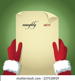 Santa Checking His Naughty And Nice List. With Space For Your Copy. EPS 10 Vector Stock Illustration