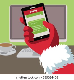 Santa checks his text messages for letters from children. Flat design EPS 10 vector illustration