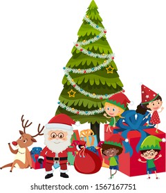 Santa y los niños de la ilustración del árbol de navidad