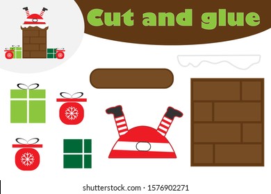 Santa in chimney, christmas education game for the development of preschool children, use scissors and glue to create the applique, cut parts of image and glue on the paper, vector illustration