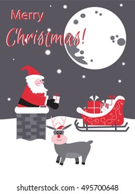 Santa in the chimney with gifts. Christmas card.
