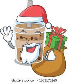 Santa chocolate bubble tea Cartoon character design with box of gift