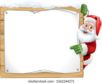 Santa Christmas cartoon character peeking around a wooden sign and pointing at it