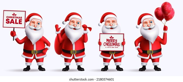 Santa christmas character vector set. Santa claus 3d characters isolated in white background with standing, waving and holding pose and gesture for xmas friendly collection design. Vector illustration