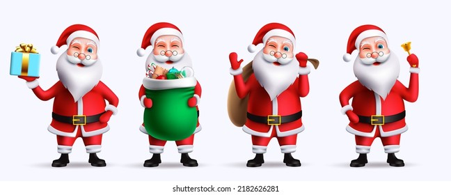 Santa christmas character vector set. Santa claus 3d characters standing and holding gifts, bag and bell elements for xmas friendly collection design. Vector illustration.
