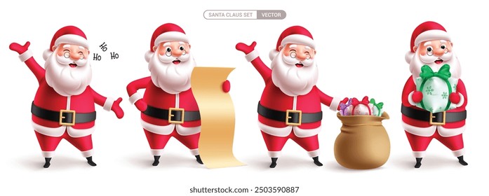 Diseño de conjunto de Vector de personajes de Navidad de Santa. Navidades Papá Noel personaje en la lectura de la lista de deseos, cantando, sosteniendo la caja de regalo y el saco de regalo linda mascota colección aislada fondo blanco. Vector