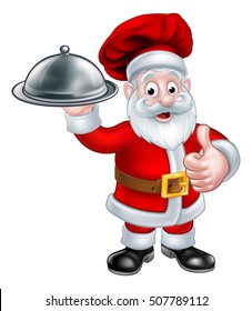 Santa Christmas Chef cartoon character giving a thumbs up and holding a plate of food