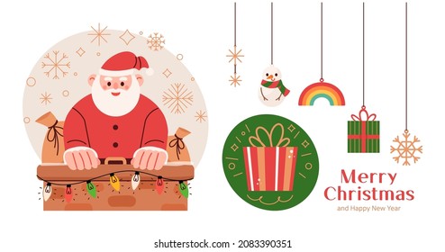 Santa and Christmas elements collection. Christmas concept vector illustration in cute flat style.