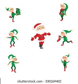 Santa and Christmas elfs on white