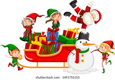 Santa and christmas elves on sleigh illustration