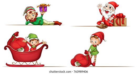 Santa and christmas elves on white background illustration