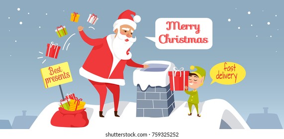 Santa Christmas and fast delivery of best presents. Claus throwing presents in chimney. Cartoon Santa and dwarf standing on roof of house, gnome gives gift box. Holiday vector web banner.