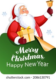 Santa with Christmas gift box and bell. Christmas sale sticker. Vector illustration 