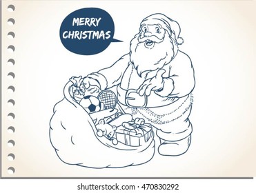 SANTA WITH CHRISTMAS GIFT ISOLATED ON BLANK PAPER WITH DODDLE SKETCH