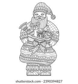 Santa  and Christmas gifts hand drawn for adult coloring book