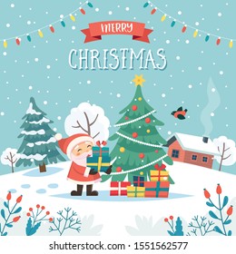 Santa with christmas gifts. Merry christmas greeting card with text. Cute vector illustration in flat style