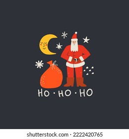 santa with christmas gifts, moon and stars. christmas night vector flat illustration