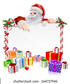 Santa Christmas gifts sign illustration with Santa peeking over a sign surrounded by stacks of Christmas gifts