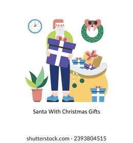 Santa with christmas gifts vector Flat Design illustration. Symbol on White background EPS 10 File