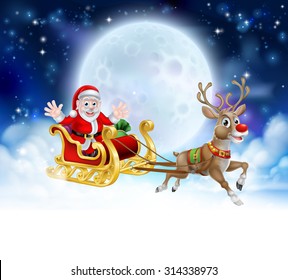 Santa Christmas moon background with clouds and stars. Fades to white at the bottom for easy use as border design or header. 